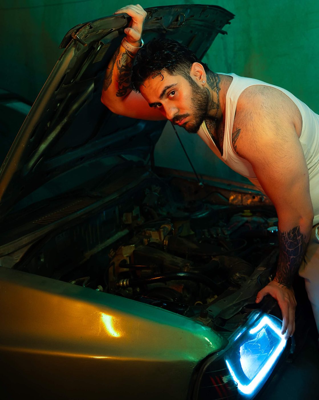 Working on a car engine, behind the scenes